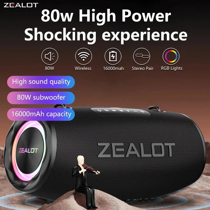 ZEALOT S87 Outdoor Portable Wireless Bluetooth Speaker 80W High Volume Subwoofer Sound Performace IPX6 Waterproof camping.
