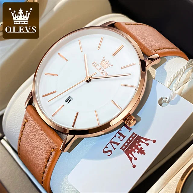 Top Brand OLEVS Ultra Thin 6.5mm Minimalist Fashion Quartz Watch for Men Leather Strap Auto Date Male Waterproof Mens Wristwatch