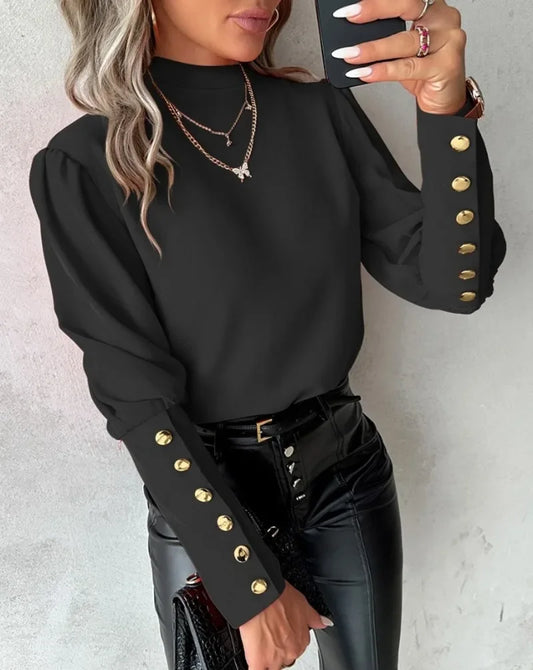 Women's Spring and Autumn Long Sleeved Solid Color Fashion Top Lace Round Neck Button Shirt Women's