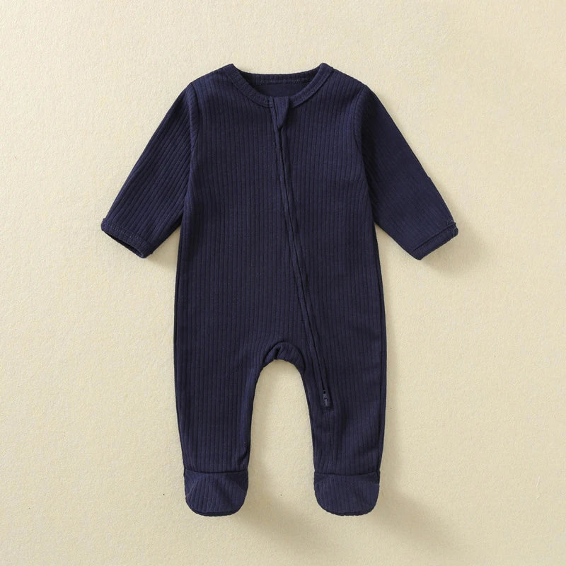 Baby Romper Long Sleeve Footed Cotton Zipper Front Outfit Spring Fall Newborn Unisex Ribbed Knitted Jumpsuit Pajamas Solid