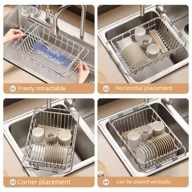 Telescopic Stainless Steel Sink Drain Basket Dishwashing Rack Kitchen Storage Organizer for Utensils And Dishes