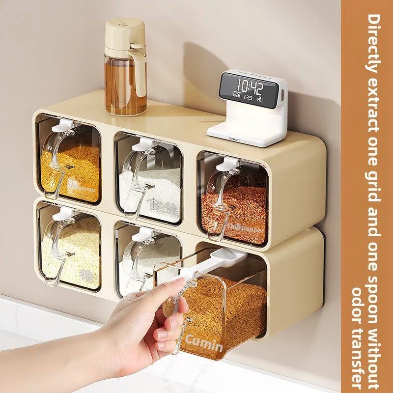 AOBT Wall-mounted moisture-proof seasoning box for home kitchen with condiment bottles for salt, MSG, and other condiments.