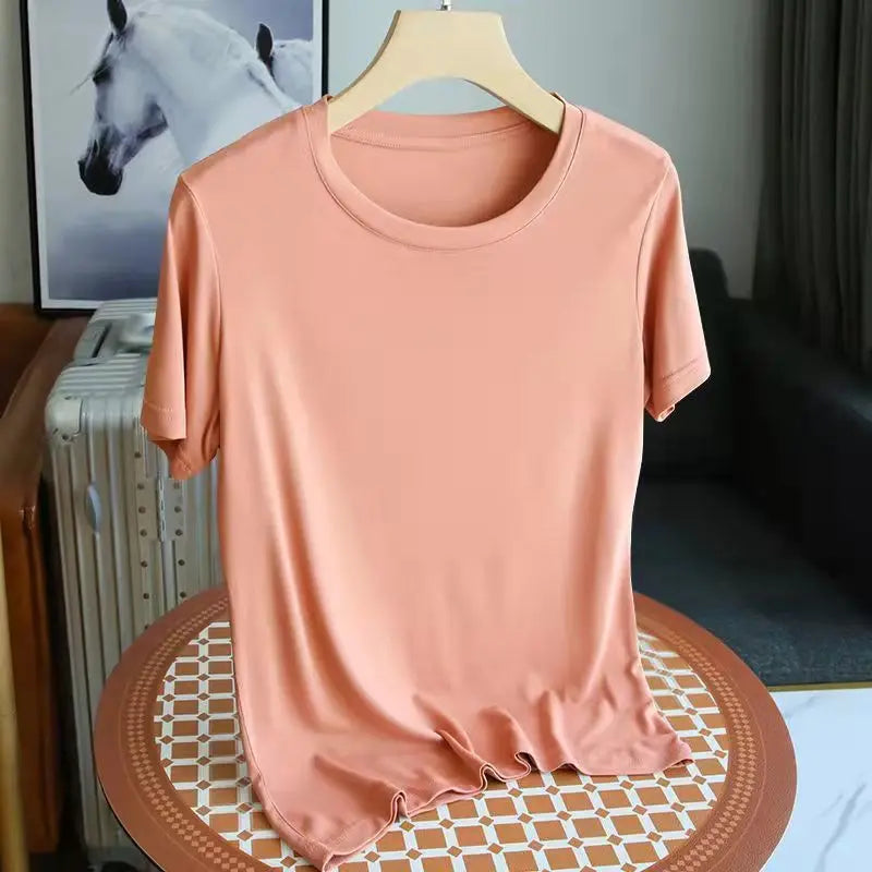 Fashion 2025 New Korean Women's Modal ONeck Short Sleeve T-Shirt Coffee Solid Color Casual Summer Lady Clothing Tee Basic Top