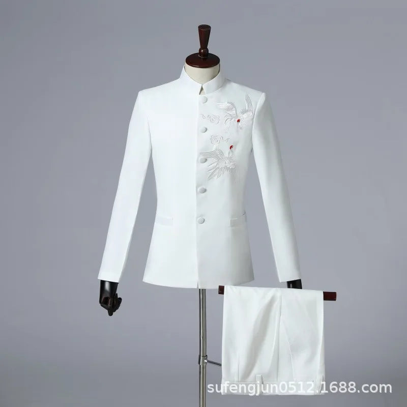 2025 New Men Chinese Style Embroidered Standing Collar Suit 2 Piece Fashion Homme Wedding Prom Party Performance Blazer and Pant