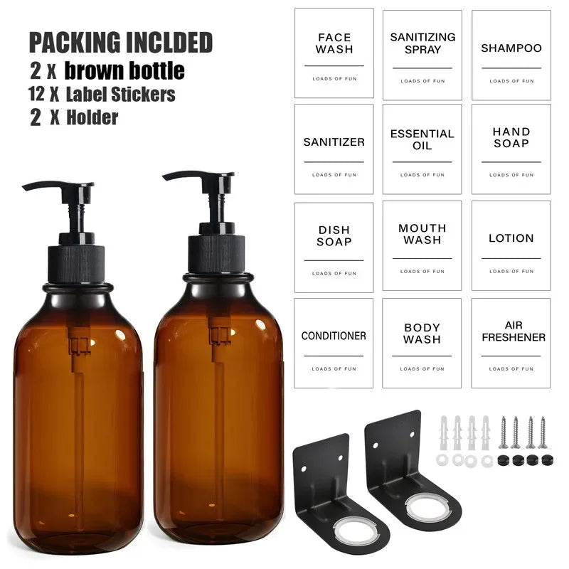 1/2/3PCS 500ML Brown Soap Dispenser With Lables Wall Mount Lotion Bottle Shower Gel Shampoo Empty Container For Bathroom Kitchen