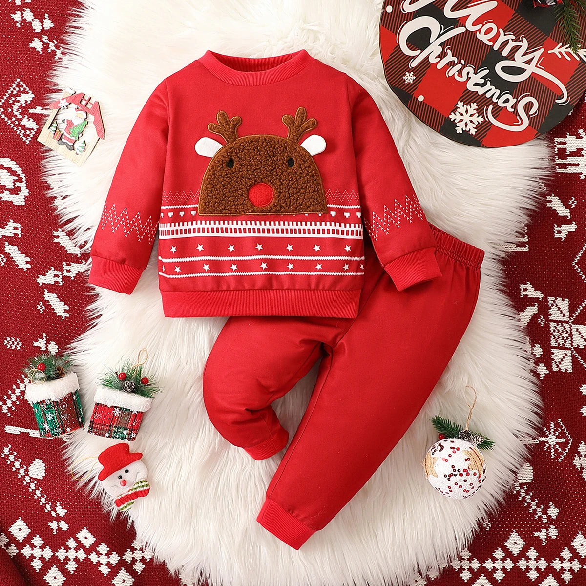 2-piece set of fashionable and cute round neck long sleeved star print hoodie and pants for baby boys, worn on Christmas Day