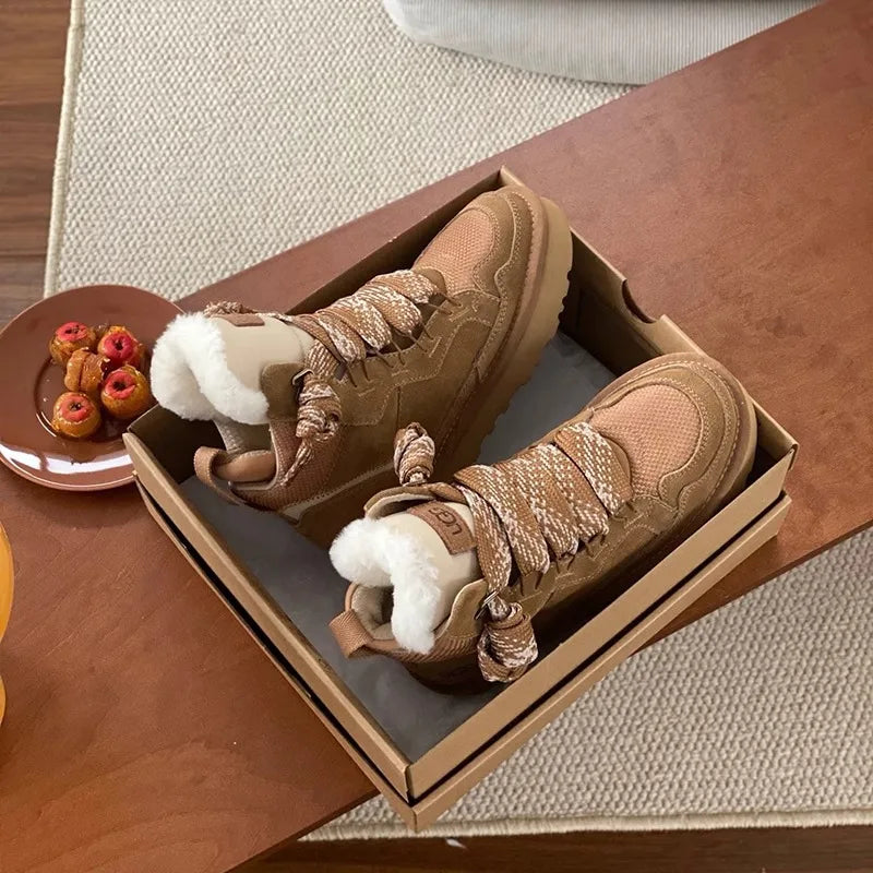 Women's cotton shoes 2025 new snow boots with plush and thickened fur integrated warmth and anti slip winter women's shoes