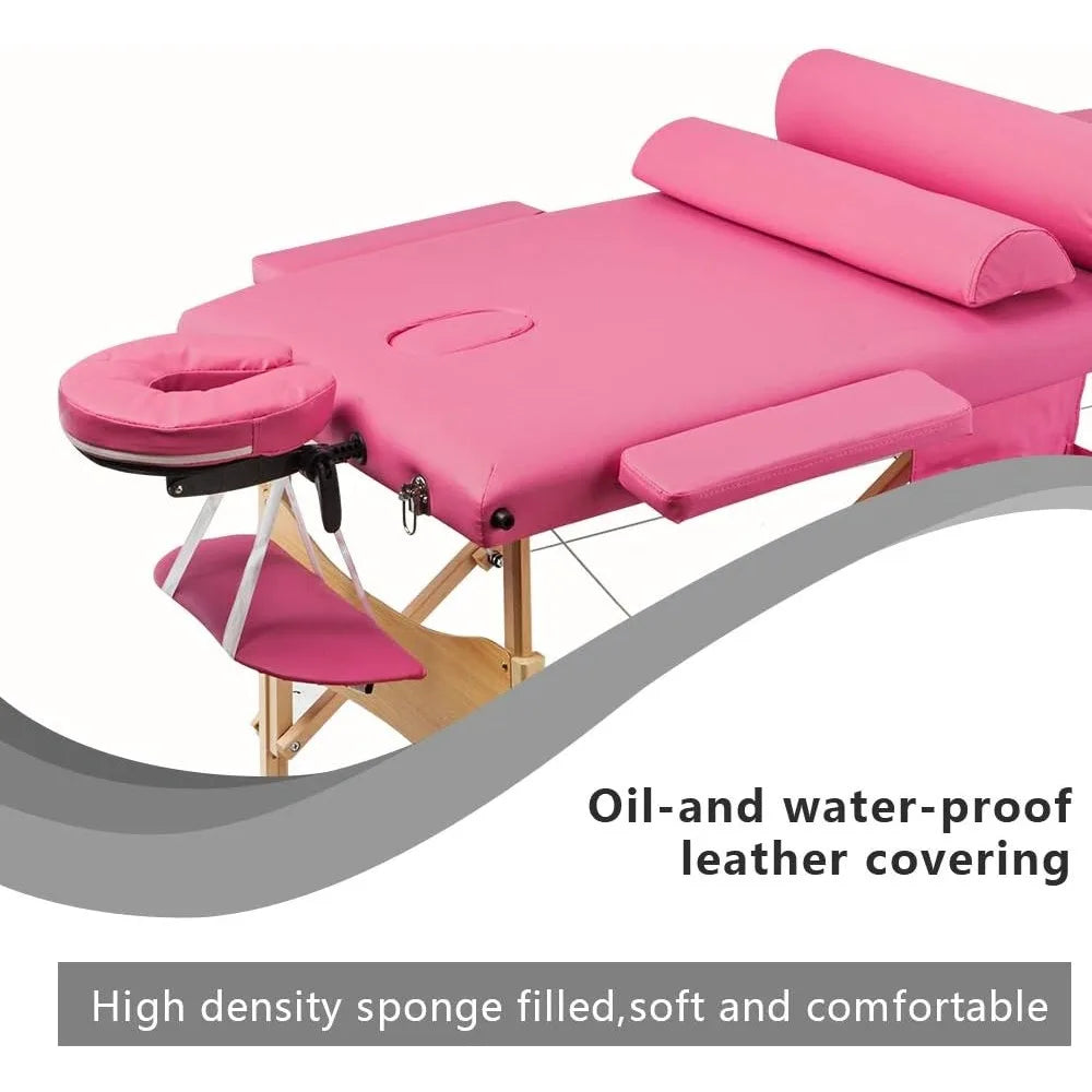 3 Sections Folding Portable Massage Table Set,Height Adjustable Body and Beauty Massage Bed,Spa Facial Salon Tattoo Bed