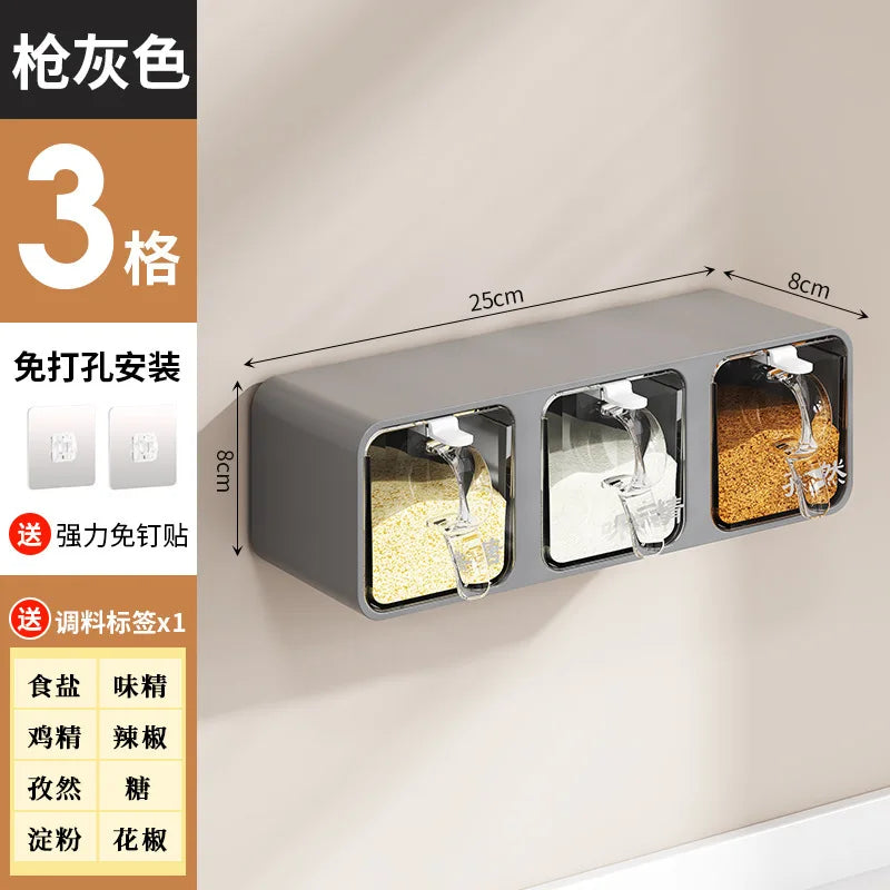 AOBT Wall-mounted moisture-proof seasoning box for home kitchen with condiment bottles for salt, MSG, and other condiments.