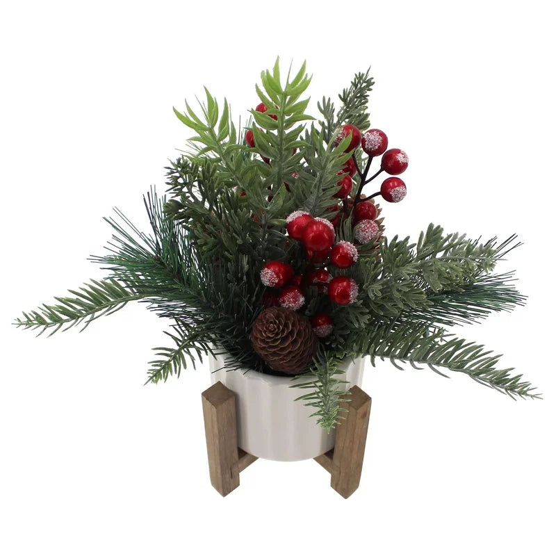 11" Artificial Christmas Tabletop Tree Red Berries Pine White Ceramic Planter Wooden Stand Holiday Home Decoration Indoor Use