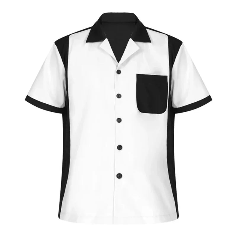 2024 summer new men's bowling shirt Retro short sleeve button casual multi-colored striped notch collar shirt 5XL