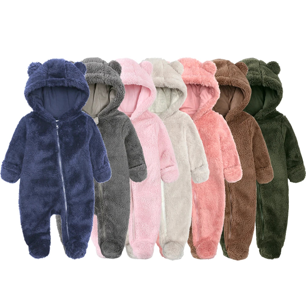 2025 Winter Baby Rompers Infant Fleece Bear Hooded Onesies Newborn Baby Boy Girl Zipper Jumpsuit Bodysuit Pyjamas