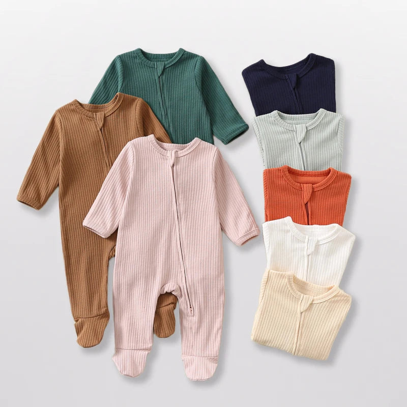 Baby Romper Long Sleeve Footed Cotton Zipper Front Outfit Spring Fall Newborn Unisex Ribbed Knitted Jumpsuit Pajamas Solid