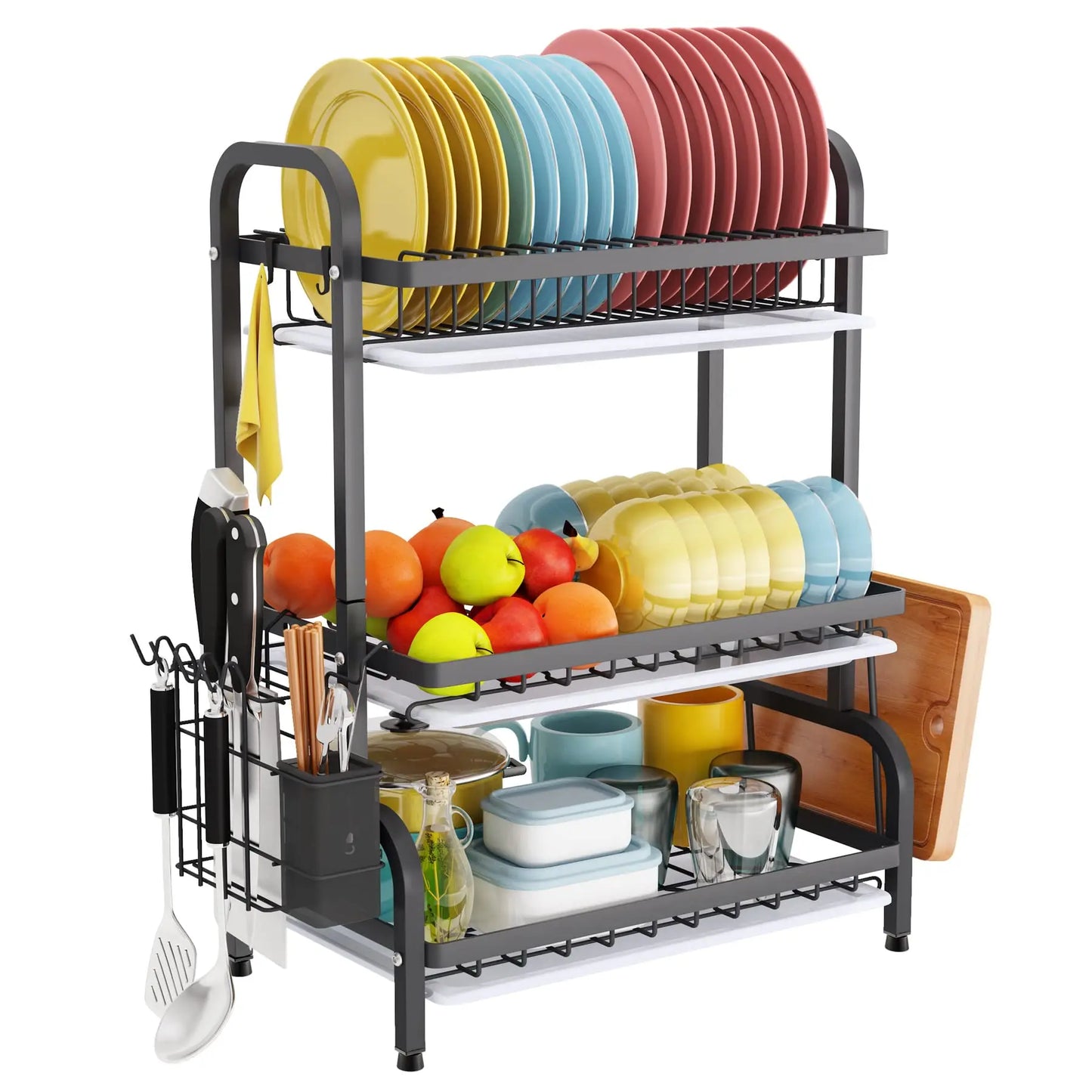 3 Tier Dish Drying Rack with Tray Utensil Holder,with Cutting Board Holder Drainboard Tray for Kitchen Counter Organizer Storage