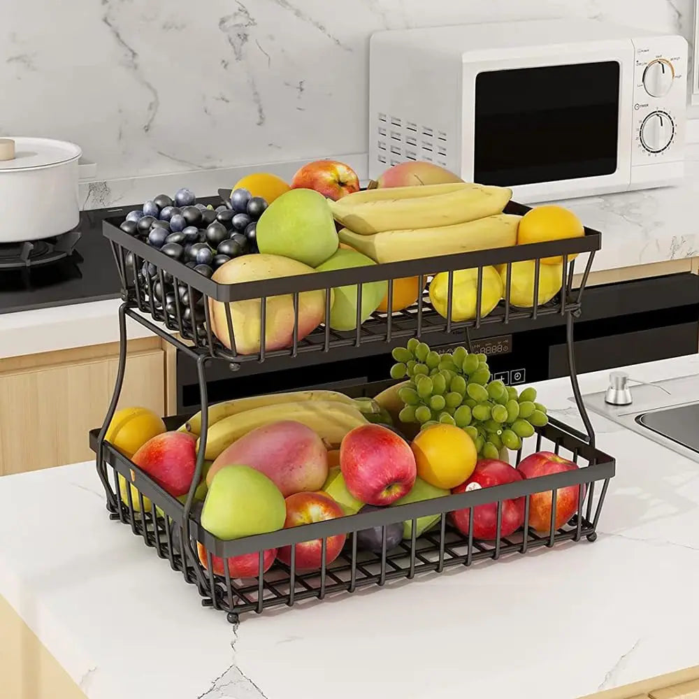 2-Layer Metal Fruit Basket, Countertop Storage Rack for Kitchen, Bathroom, Living Room - Detachable, Black