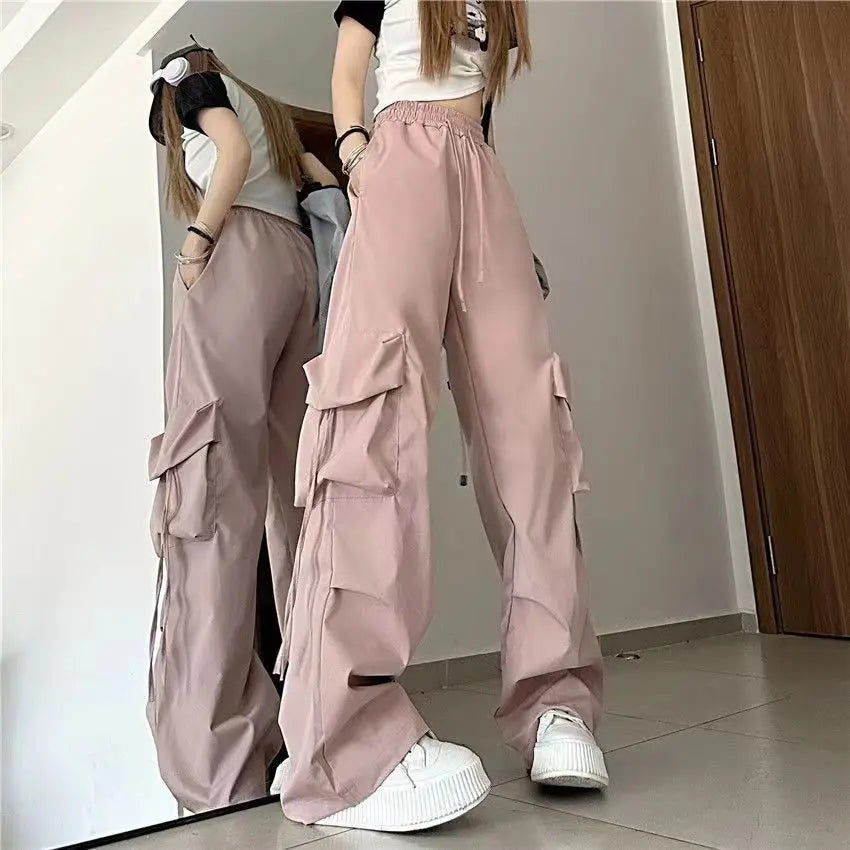 SweatPants Women Vintage Cargo Pants Fashion Elastic Waist Retro Oversized Solid Wide Leg Pant Casual Streetwear Baggy Trousers