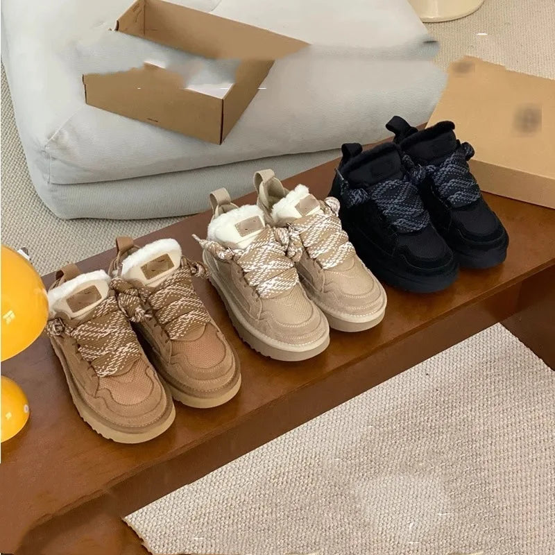 Women's cotton shoes 2025 new snow boots with plush and thickened fur integrated warmth and anti slip winter women's shoes