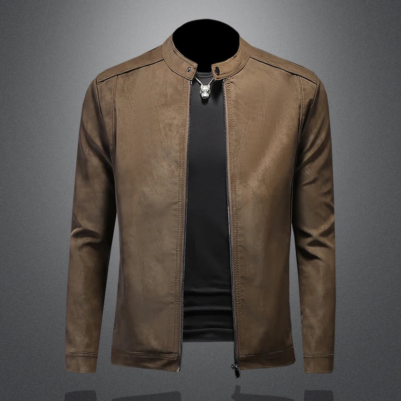 2025 new high-quality slim fit leather jacket, men's casual stand up collar motorcycle leather jacket,