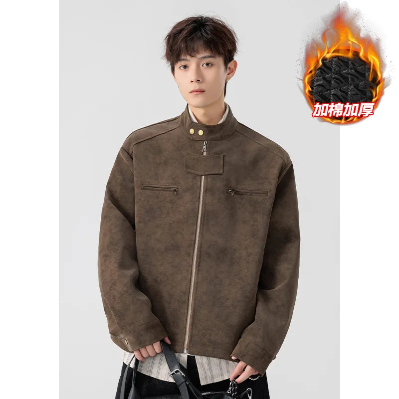 2025 New Winter Autumn Cotton-Padded Casual Leather Jacket Original Tie-Dye Front PU Leather Jacket Pilot Jacket Coat for Men