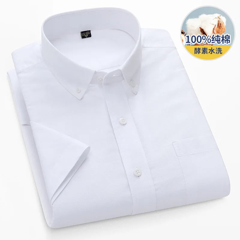 Summer 100% Pure Cotton Men Shirts Short Sleeve Dress Shirts Male Slim Social Business Blouse Solid Color Oxford Shirt 7XL 8XL