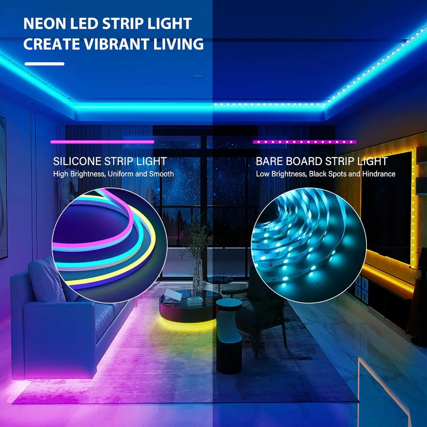 10M/5M/3M Neon WIFI RGB Led Strip Lights Outdoor Waterproof with Music Sync, 108leds/m DIY Tape with Remote and App for Bedroom