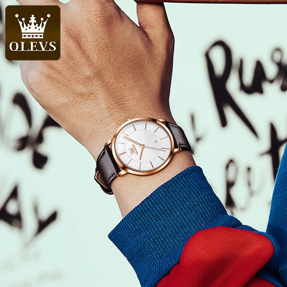 Top Brand OLEVS Ultra Thin 6.5mm Minimalist Fashion Quartz Watch for Men Leather Strap Auto Date Male Waterproof Mens Wristwatch