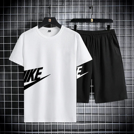 2025 New Fashion Trend Men's summer short-sleeved T-shirt set, men's casual sports fitness running shorts two-piece set