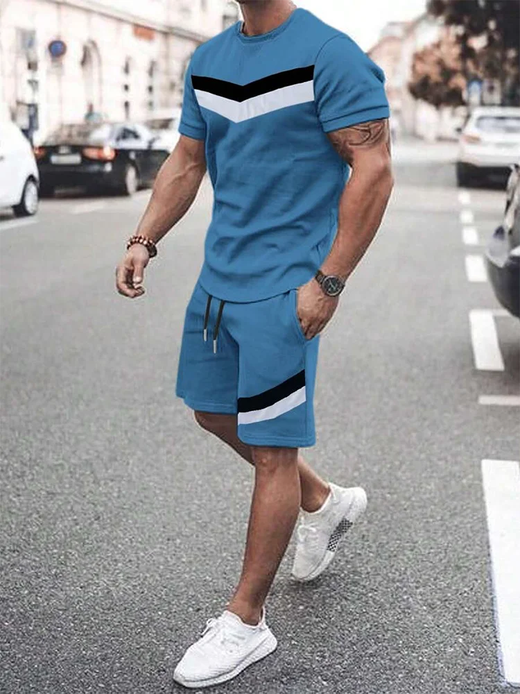2025 Mens Summer Casual Suit Textured Printed Mixed Color Short Sleeve Outdoor Street Fashion Shorts Two Piece Pocket Loose Suit