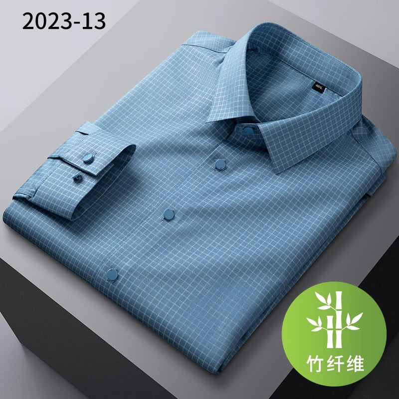 2025New Bamboo Fiber Men's Shirt Fashionable Business Casual Men Clothing Solid Color Elastic No-Iron Easy-Care Long-Sleeved Top
