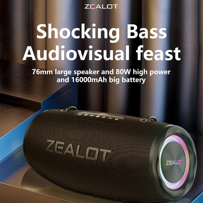 ZEALOT S87 Outdoor Portable Wireless Bluetooth Speaker 80W High Volume Subwoofer Sound Performace IPX6 Waterproof camping.