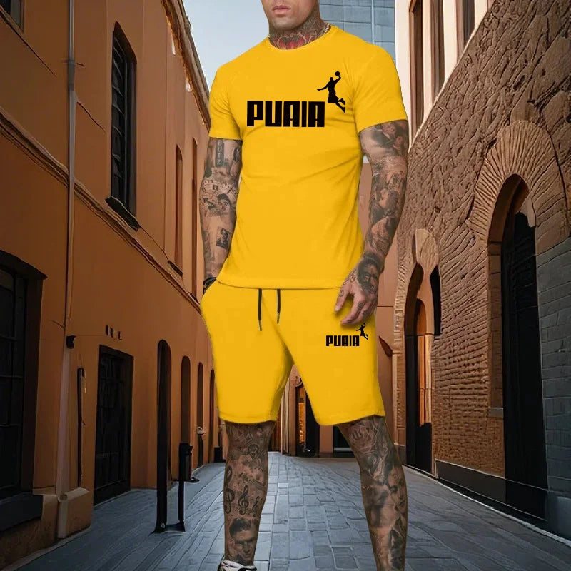 Summer fashion men's two-piece set men's casual sports set printed short sleeved set men's T-shirt+shorts fitness sportswear