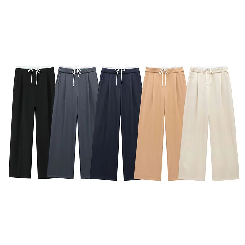SIYANG  2024 Women Fashion Vintage Solid Straight Pants Side Zipper Drawstring Casual Trousers Spring New Female Wide Leg Pants