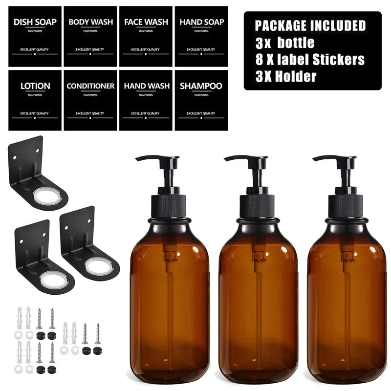 1-3PCS 500ML Brown Soap Dispenser With Label Refillable Shampoo Empty Pump Bottle Kitchen Bathroom Hand Wash Body Wash Container