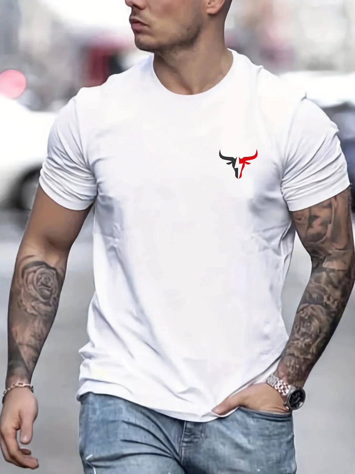 Summer Men's 100% Cotton Casual Loose Size Bull Print Round Neck Short Sleeve T-shirt Top men's street clothing button up pullov