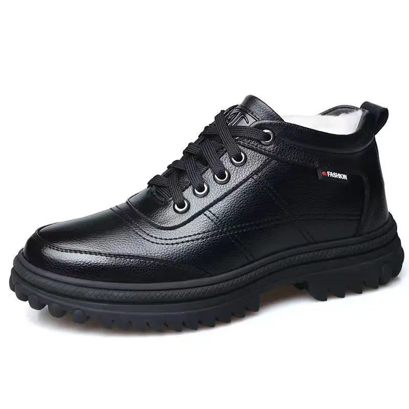 2025 Winter Men's Business Casual Leather Shoes, Men's Fashionable Breathable Shoes, Casual Lace-up Single Leather Cotton Shoes