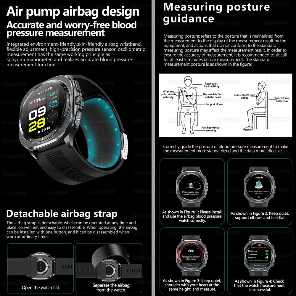 2025 New Health track Smartwatch Air Pump Airbag True Blood Pressure Health Measure Smart Watch Men Women Blood oxygen BT Call