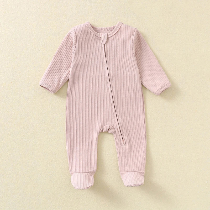 Baby Romper Long Sleeve Footed Cotton Zipper Front Outfit Spring Fall Newborn Unisex Ribbed Knitted Jumpsuit Pajamas Solid