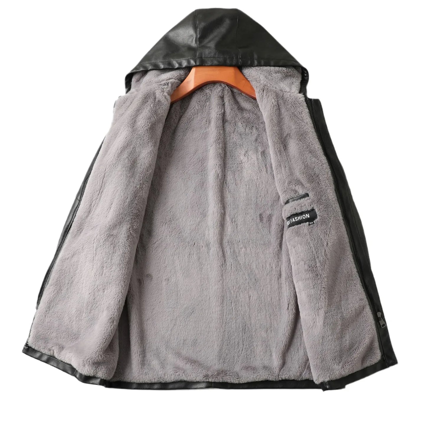 2023 Autumn/Winter New Mid length Hooded Men's Leather Jacket with Fleece and Thickened Business Casual Fashion