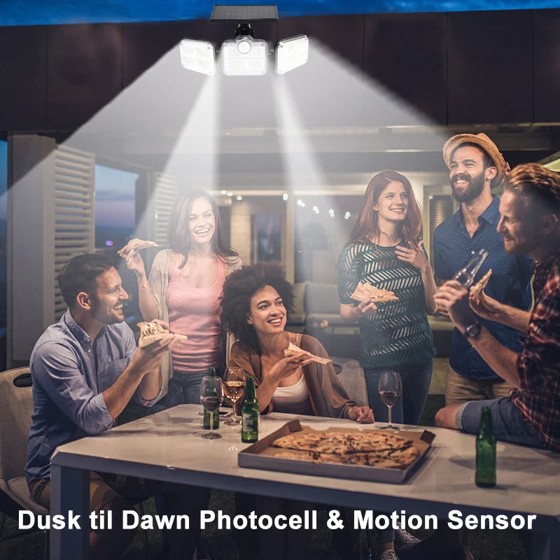 2pcs Outdoor 122 LED Solar SpotLight Security Light Remote Control 3 Heads Motion Sensor Wide Angle Flood Wall Light 3 Modes