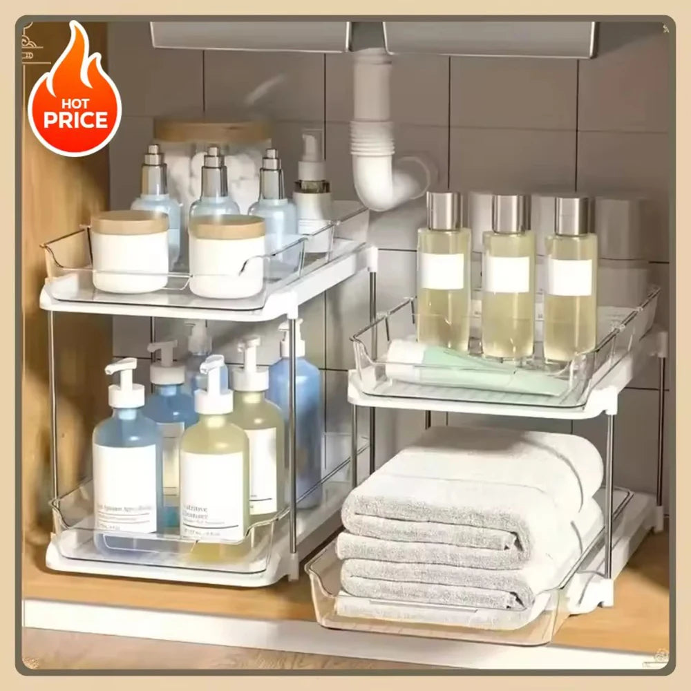 2-Tier Pull Out Under Sink Storage Shelf - Multi-Purpose Organizer for Bathroom Cabinet & Kitchen Pantry