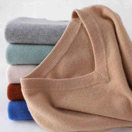 Soft Cashmere Sweater Men's Clothing Autumn Winter Pullover Business Casual Bottom V-neck Knitted Woolen Slim Fit Knitwear Male