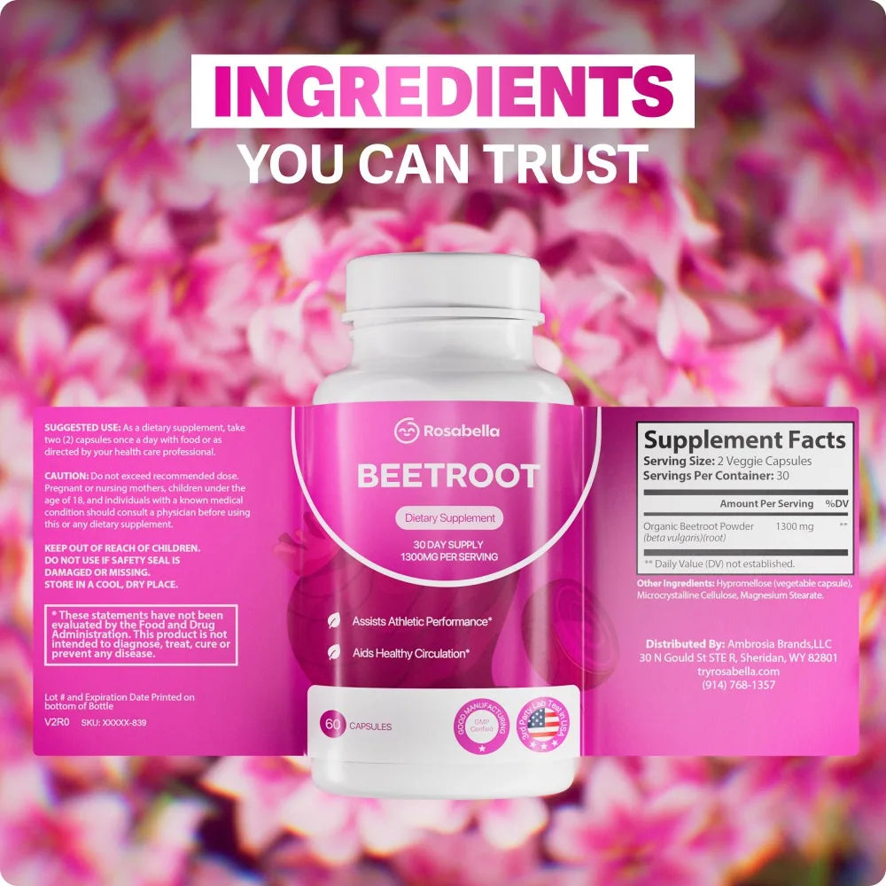 Organic Beetroot - 1300 Mg Beetroot Powder, Natural Energy & Endurance Support, Non-GMO - 60 Capsules