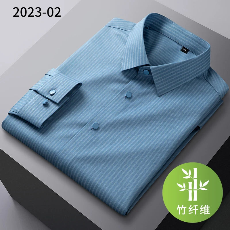 2025New Bamboo Fiber Men's Shirt Fashionable Business Casual Men Clothing Solid Color Elastic No-Iron Easy-Care Long-Sleeved Top