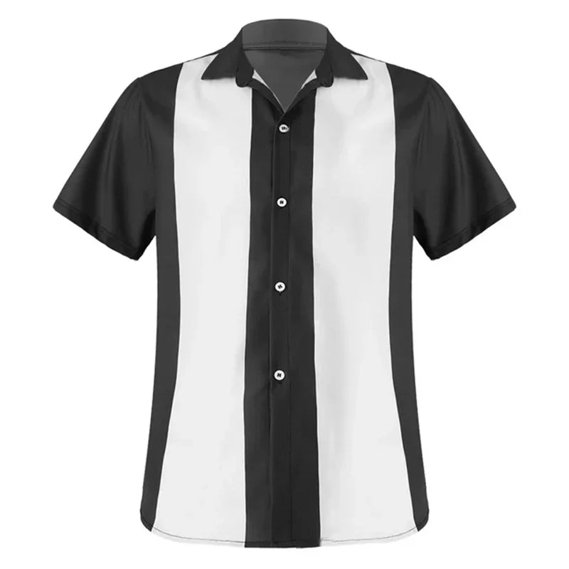 2024 summer new men's bowling shirt Retro short sleeve button casual multi-colored striped notch collar shirt 5XL