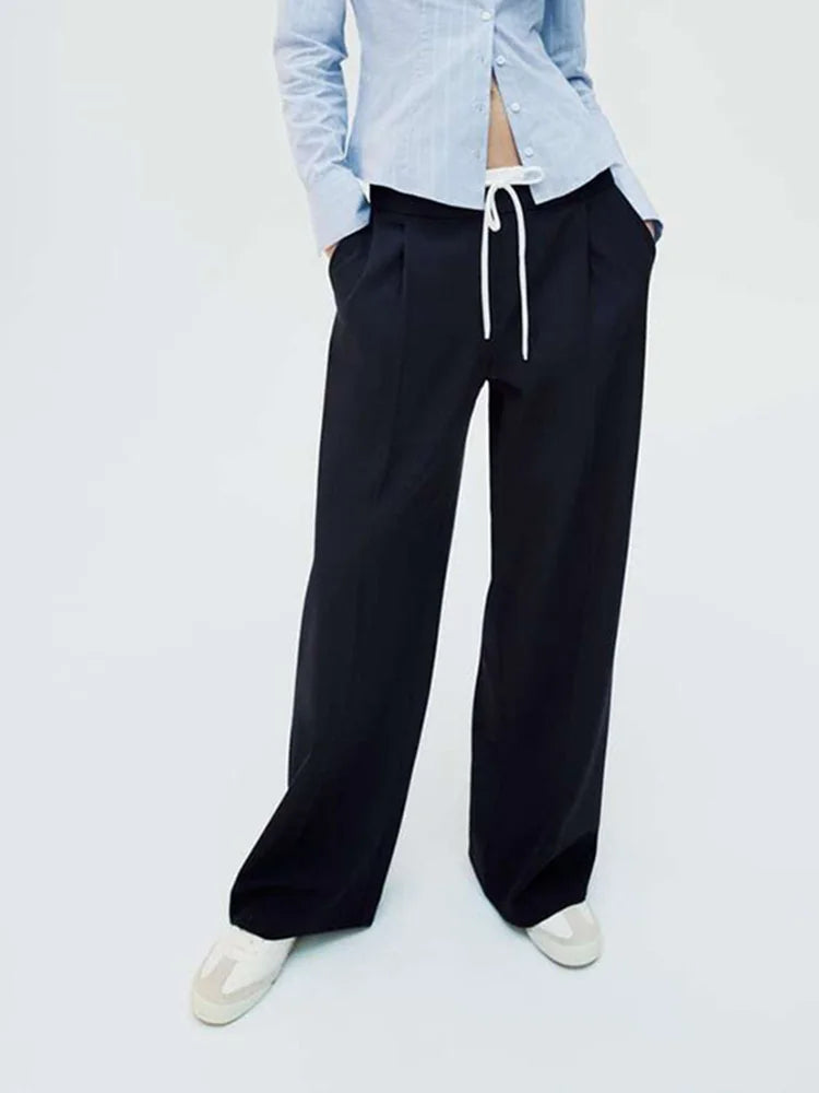 SIYANG  2024 Women Fashion Vintage Solid Straight Pants Side Zipper Drawstring Casual Trousers Spring New Female Wide Leg Pants