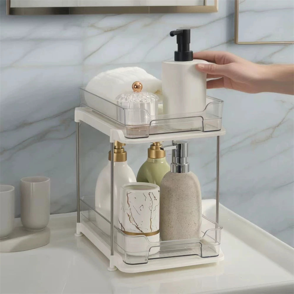 2-Tier Pull Out Under Sink Storage Shelf - Multi-Purpose Organizer for Bathroom Cabinet & Kitchen Pantry