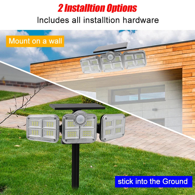 2pcs Outdoor 122 LED Solar SpotLight Security Light Remote Control 3 Heads Motion Sensor Wide Angle Flood Wall Light 3 Modes