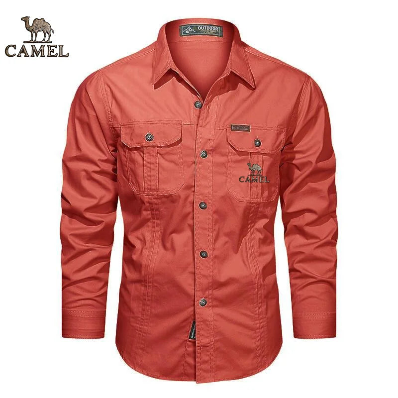 2024 Camel Authentic Emblem Spring and Autumn Season New Shirts for Men's Long sleeved Pure Cotton Casual Solid Color Shirts for