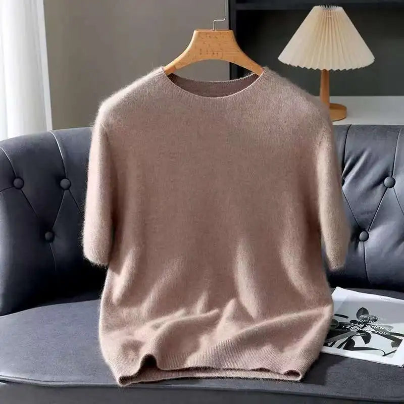 100% Mink Cashmere Knit Sweater Men's T-Shirt Spring Summer Loose O-Neck Solid Color Casual Business Base Pullover Short Sleeve