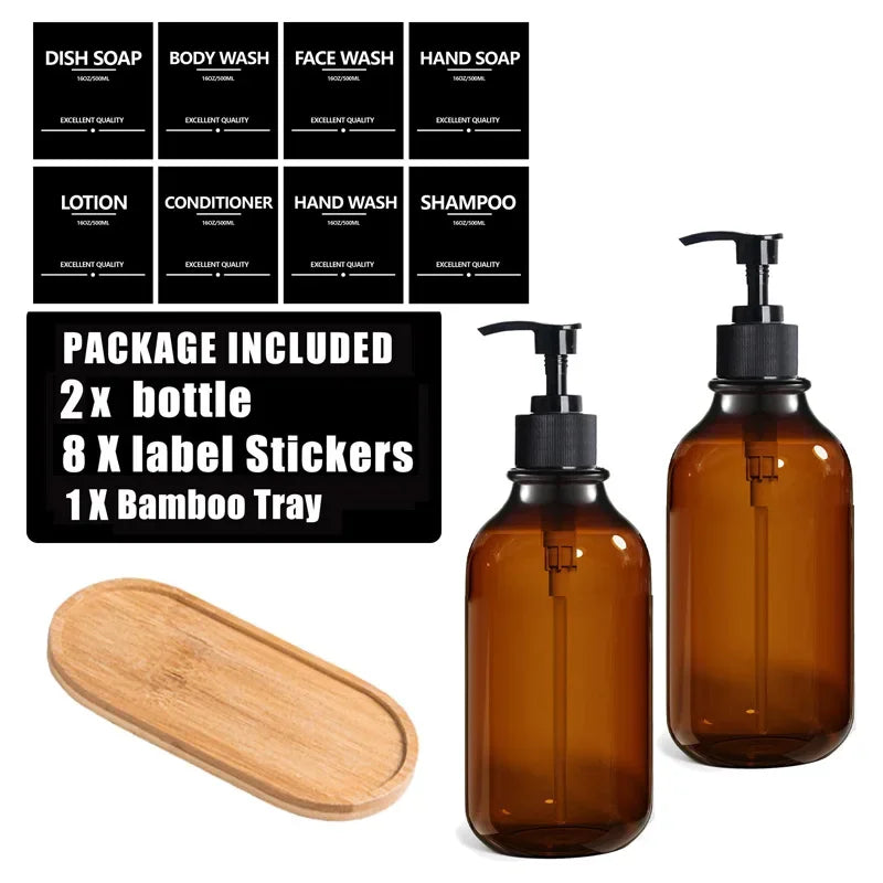 1-3PCS 500ML Brown Soap Dispenser With Label Refillable Shampoo Empty Pump Bottle Kitchen Bathroom Hand Wash Body Wash Container